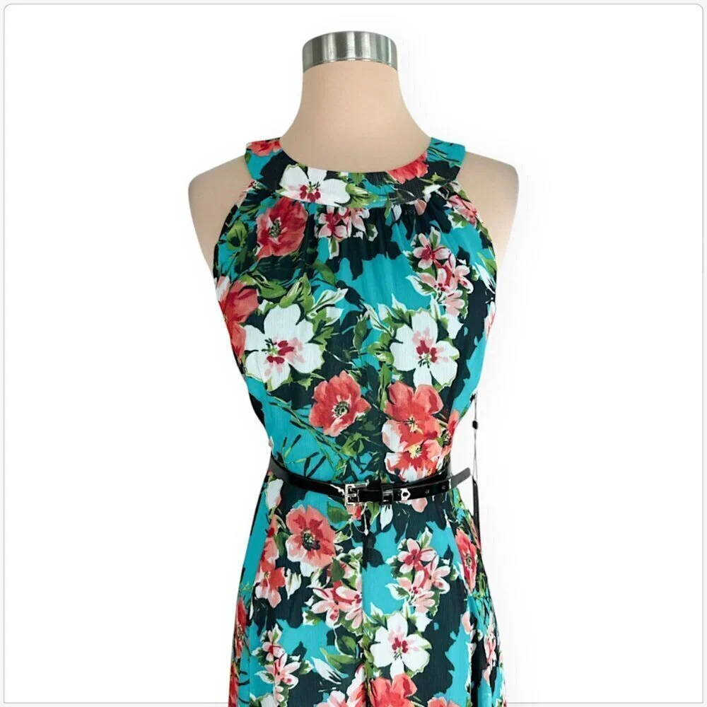 Tommy Hilfiger Teal Floral Printed Halter Patent Belted Midi Dress New NWT 6